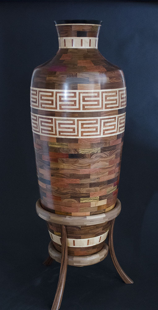 tall segmented wood turning vase with stand