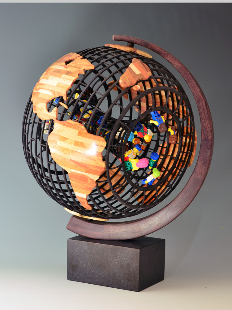 globe cage with wooden continents filled with lego people