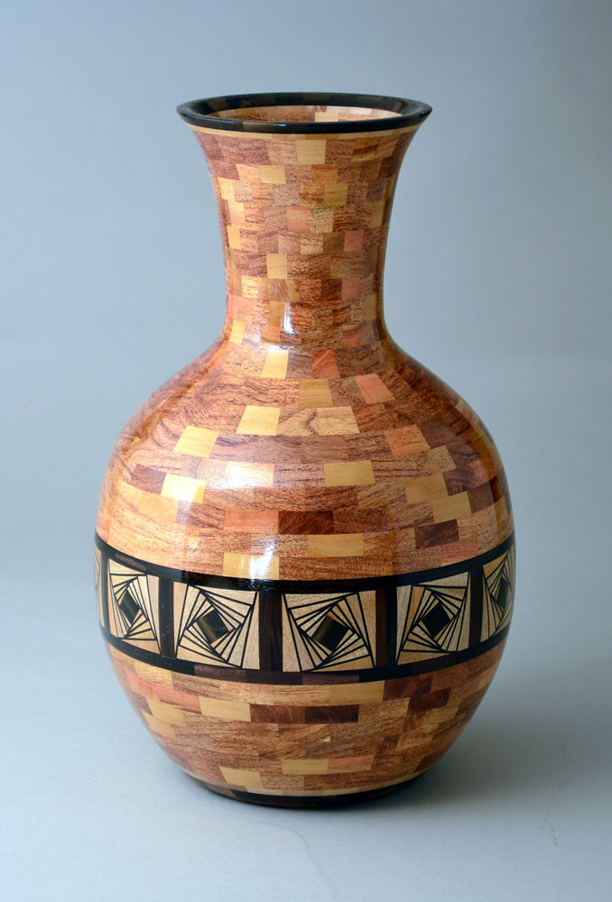 segmented wood turning vase patterned with little squares