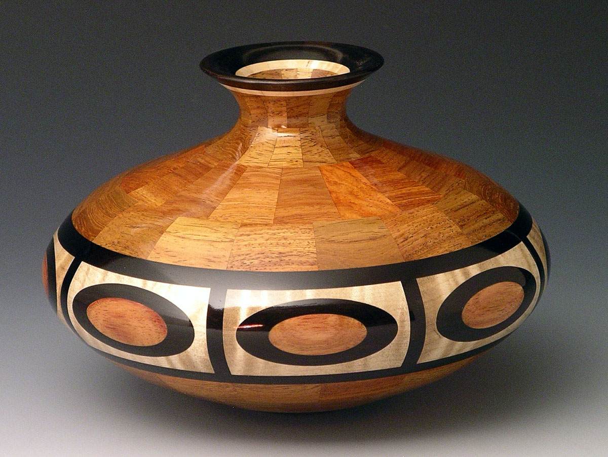 segmented wood turning vase with oval inlays