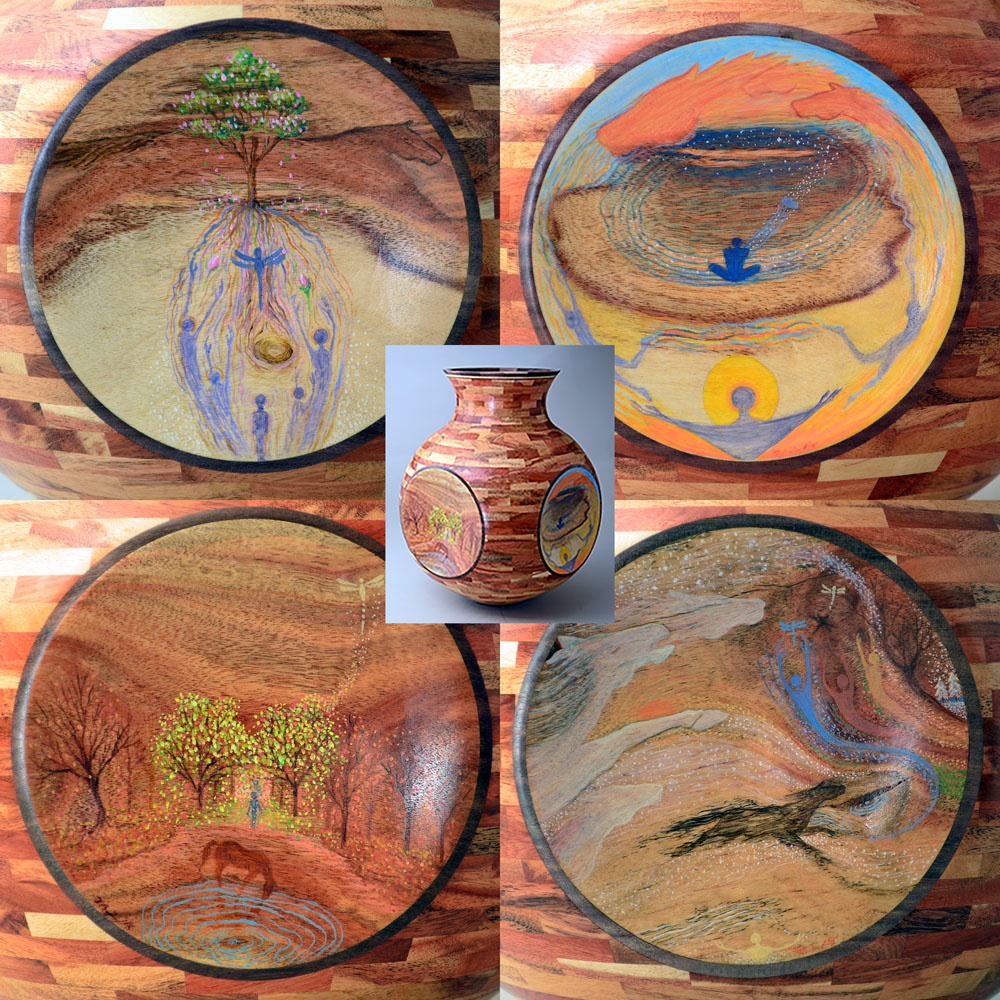 four segmented wood turning bowls with paintings
