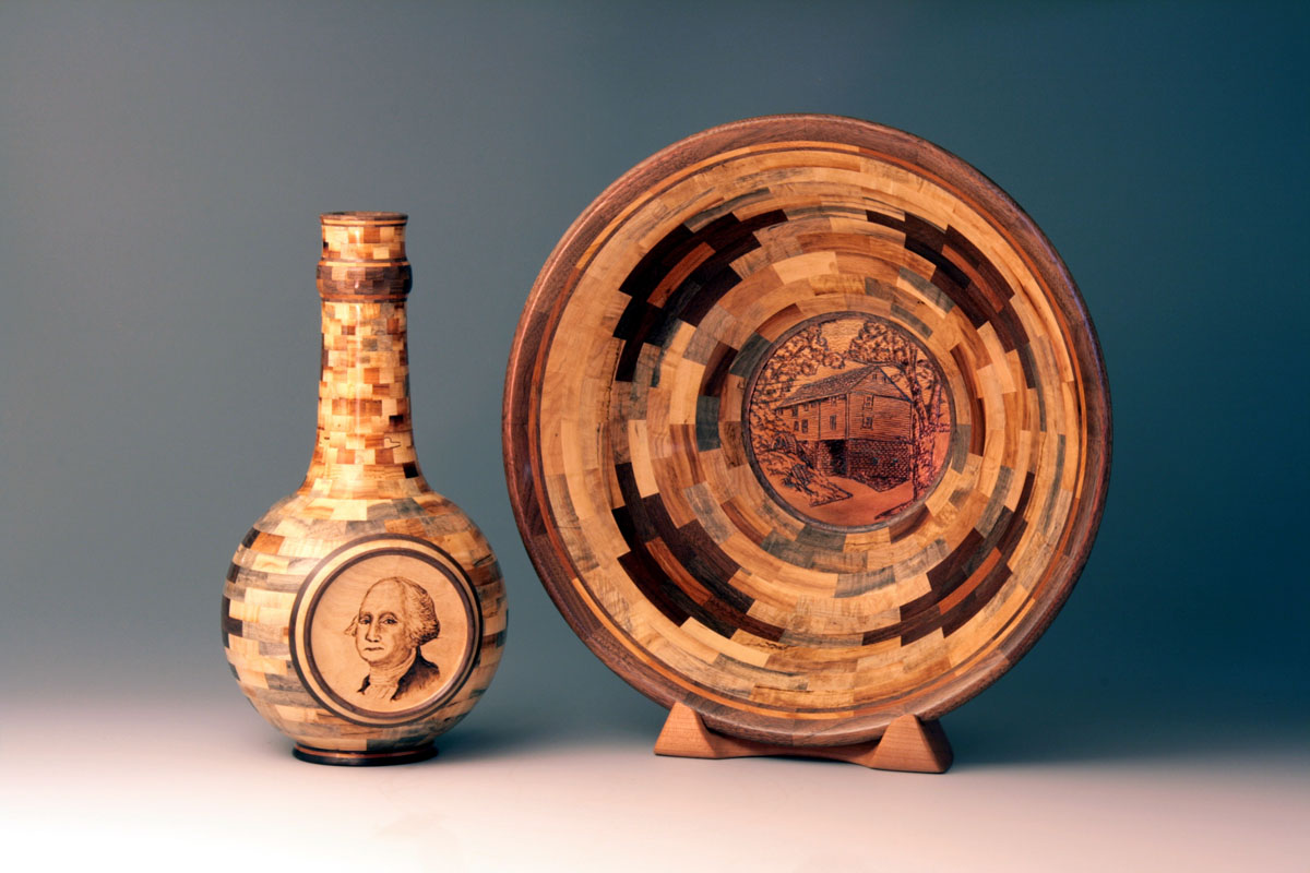 segmented wood turning bowl and vessel with george washington painting